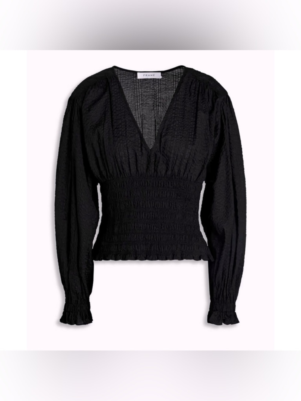 FRAME Smocked V-Neck Crinkled Cotton Blouson Sleeve Top Black Women Medium $348